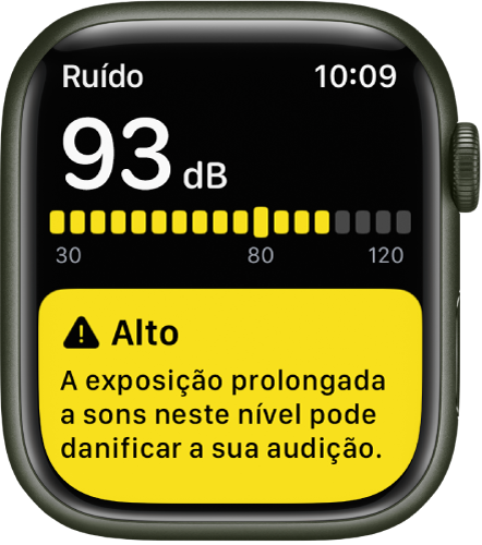 Uma notificação do app Ruído de cerca de 93 decibéis de nível de som. Um alerta sobre exposição a longo prazo a este nível de som aparece abaixo.