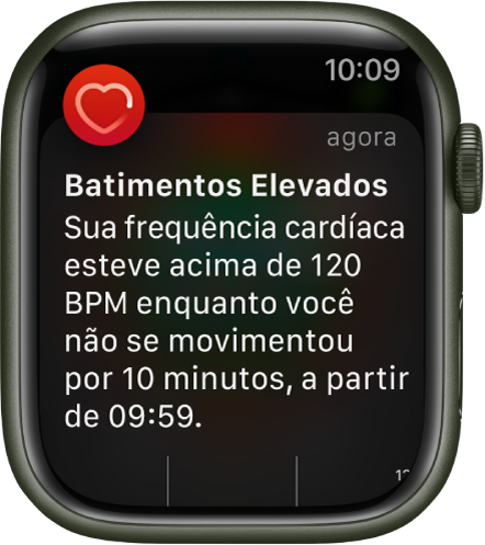 Tela Batimentos Elevados mostrando uma notificação que indica que os batimentos passaram de 120 BPM quando o usuário estava inativo por 10 minutos.