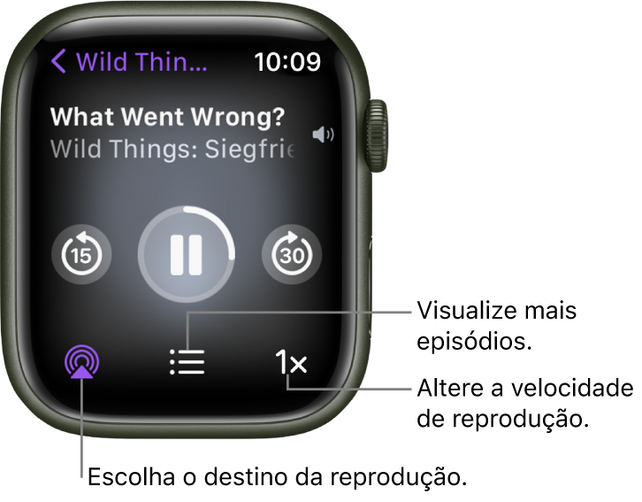 A tela Reproduzindo do app Podcasts mostrando os títulos do podcast e do episódio, a data, o botão para voltar 15 segundos, o botão de pausa, o botão para avançar 30 segundos, o botão AirPlay, o botão de episódios e o botão de velocidade de reprodução.