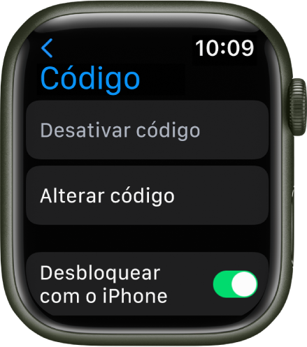 As definições de código no “Apple Watch”, com o botão “Desativar código” na parte superior, “Alterar código” por baixo e o manípulo “Desbloquear com o iPhone” na parte inferior.