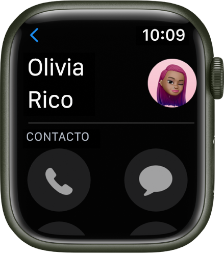 A aplicação Contactos a mostrar um contacto. O nome do contacto está perto da parte superior esquerda com a respetiva imagem na parte superior direita. Os botões “Telefone” e “Mensagens” estão por baixo.