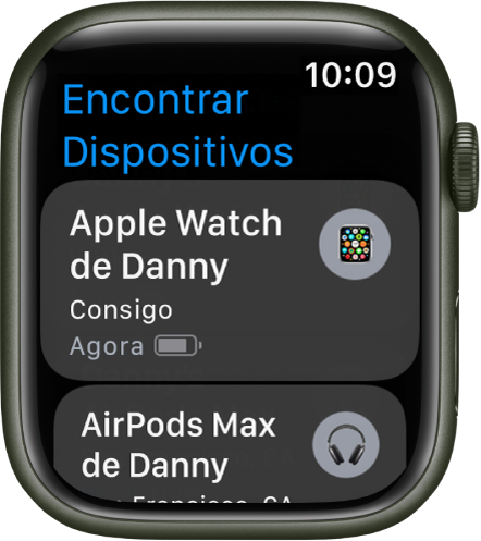 A aplicação Encontrar Dispositivos a mostrar dois dispositivos, um Apple Watch e AirPods.