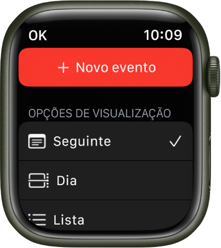 A aplicação Calendário a mostrar um botão “Novo evento” na parte superior e três opções de vista em baixo: “Seguinte”, “Dia” e “Lista”.