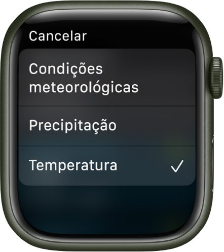 A aplicação Meteorologia com três opções numa lista: “Condições”, “Precipitação” e “Temperatura”.