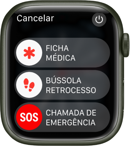 O ecrã do Apple Watch, com três interruptores: “Ficha médica”, “Retrocesso da Bússola” e “SOS emergência”. O botão de alimentação encontra-se no canto superior direito.