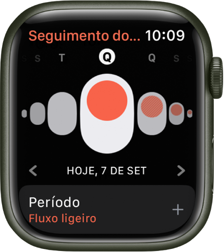 Apple Watch, com o Seguimento do ciclo no ecrã.