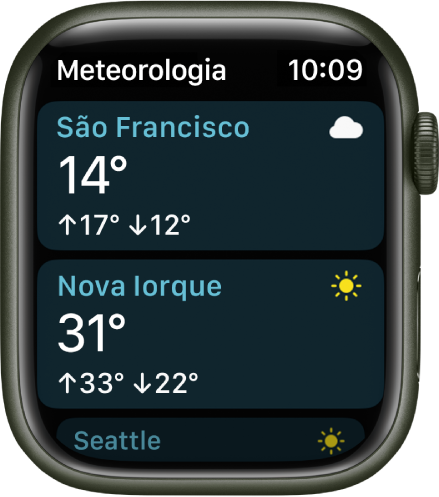 A aplicação Meteorologia a mostrar detalhes sobre o estado do tempo para duas cidades numa lista.