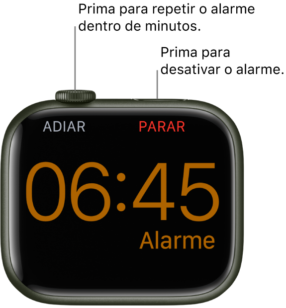 Um Apple Watch colocado de lado, no ecrã um despertador a tocar. Por baixo da Digital Crown está a palavra Adiar. A palavra “Parar” está por baixo do botão lateral.