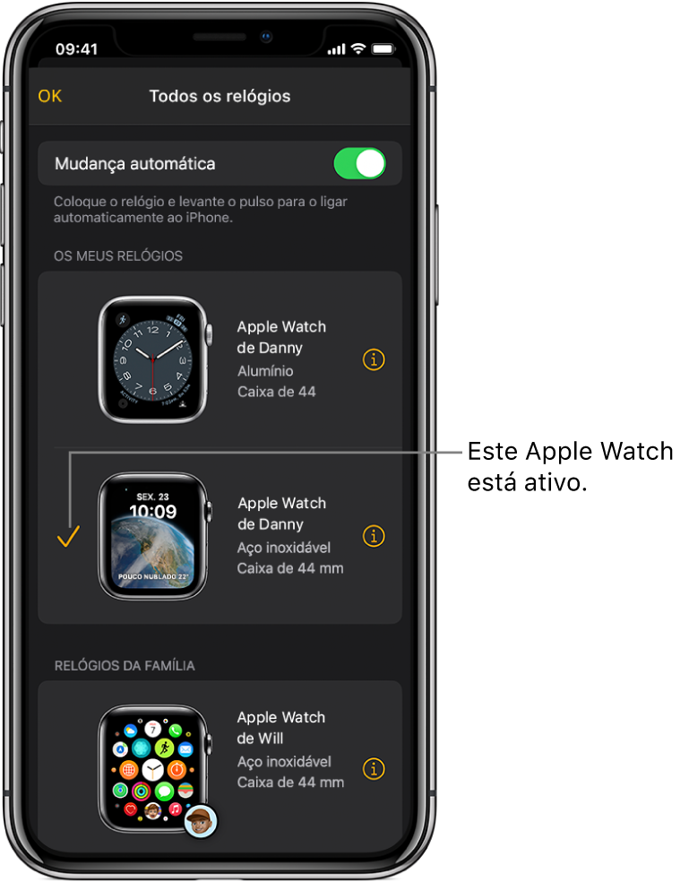No ecrã “Todos os relógios” da aplicação Apple Watch, uma marca de visto assinala o Apple Watch ativo.