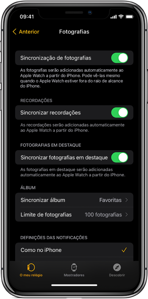 As definições das Fotografias na aplicação Apple Watch no iPhone, com a definição “Sincronização de fotografias” ao centro e a definição do “Limite de fotografias” por baixo.