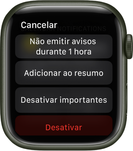 Definições de notificação no Apple Watch. O botão superior apresenta “Não emitir avisos durante 1 hora”. Por baixo estão botões para “Adicionar ao resumo”, “Desativar urgentes” e “Desativar”.
