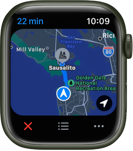 A aplicação Mapas a mostrar um mapa de visão geral da sua viagem. Na parte inferior dos botões “Terminar”, “Lista” e “Mais”.