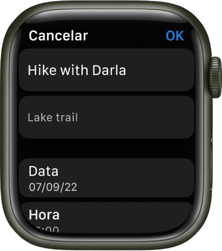 O ecrã “Editar” na aplicação Lembretes no Apple Watch. O nome do lembrete encontra-se na parte superior com uma descrição por baixo. Na parte inferior, encontram-se a data e hora para as quais o lembrete está agendado. Um botão OK no canto superior direito.
