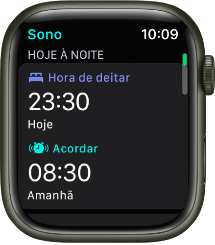 A aplicação Sono no Apple Watch, com o horário de sono da noite. A hora de deitar aparece na parte superior e a hora de acordar por baixo.