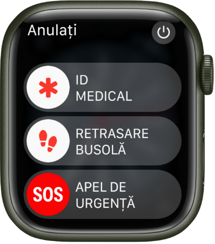 Ecranul Apple Watch prezentând trei glisoare: ID medical, Urmărire busolă și Apel de urgență. Butonul de alimentare este în colțul din dreapta sus.