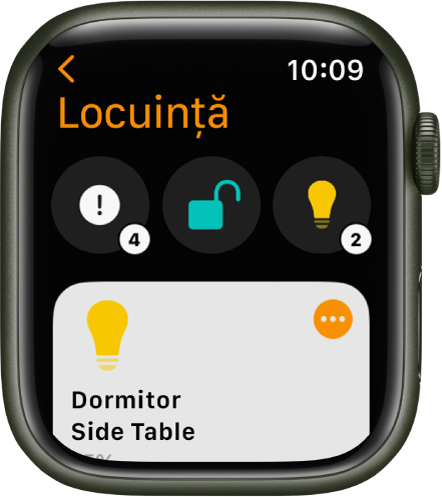 Aplicația Locuință afișând pictograme de stare în partea de sus și un accesoriu dedesubt.