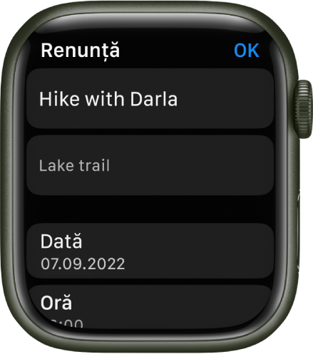 Ecranul de editare al aplicației Mementouri de pe Apple Watch. Numele mementoului se află în partea de sus cu o descriere dedesubt. În partea de jos sunt data și ora la care este programat mementoul să apară. Un buton OK este în colțul din dreapta sus.