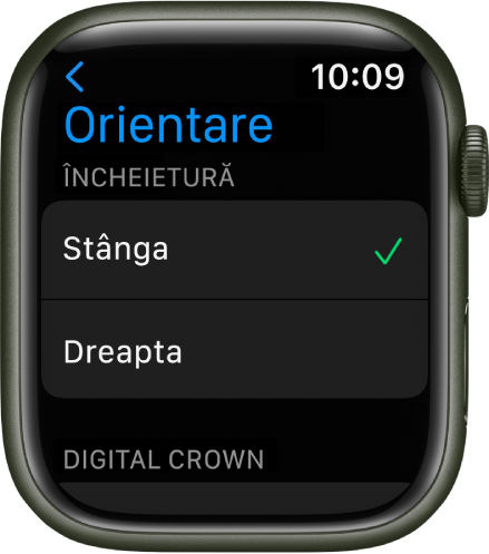 Ecranul Orientare pe Apple Watch Puteți configura preferințele pentru încheietură și Digital Crown.