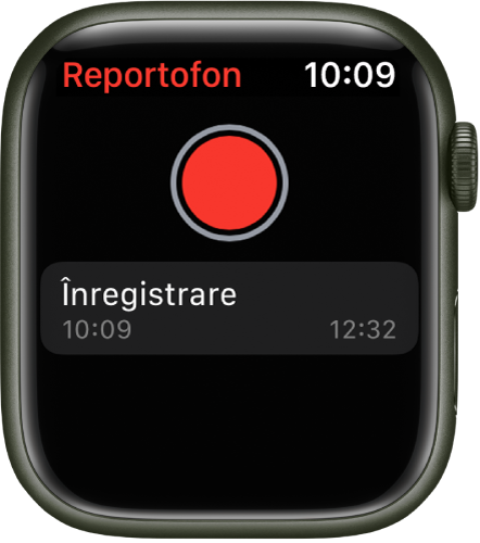 Apple Watch afișând ecranul Reportofon. Un buton roșu Înregistrare apare în apropierea părții de sus. Un memo înregistrat apare dedesubt. Mementoul afișează ora la care a fost înregistrat și lungimea sa.
