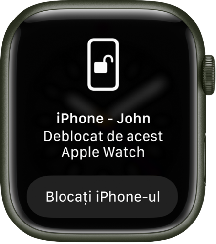 Ecran Apple Watch afișând mesajul “« iPhone - John» a fost deblocat de acest Apple Watch”. Butonul Blocați iPhone-ul se află dedesubt.