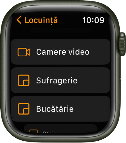 Aplicația Locuință afișând o listă de camere, inclusiv camere video și două încăperi.