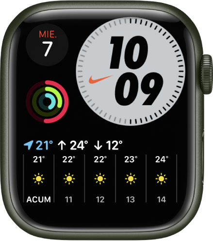 Cadranul de ceas Nike Compact prezentând ziua și data în stânga sus, ora în dreapta sus, complicația Activitate în mijloc stânga și complicația Vremea afișând temperatura curentă.
