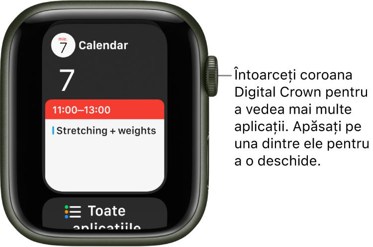 Dock-ul afișând aplicația Calendar cu butonul Toate aplicațiile dedesubt. Pentru a vedea mai multe aplicații, întoarceți coroana Digital Crown. Apăsați pe una dintre ele pentru a o deschide.