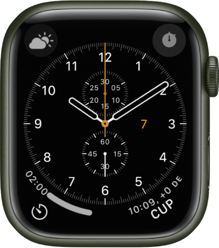 Cadranul de ceas Cronograf, unde puteți ajusta culoarea cadranului și detaliile cadranului circular gradat. Acesta prezintă patru complicații: Condiții meteo în stânga sus, Cronometru în dreapta sus, Temporizatoare în stânga jos și Ora pe glob în dreapta jos.