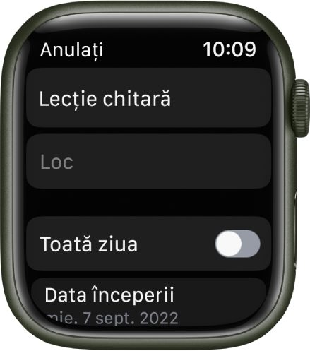 Ecranul Calendar afișând un eveniment nou. Numele evenimentului este în partea de sus și câmpul Loc se află dedesubt. În apropierea părții de jos se află un buton Toată ziua. În partea inferioară se află butonul Data începerii.