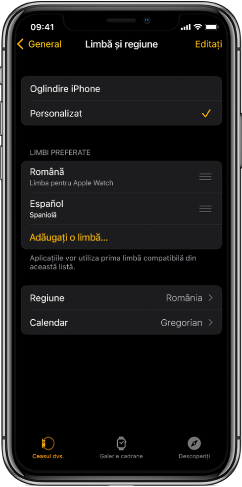 Ecranul Limbă și regiune din aplicația Apple Watch, cu opțiunile Engleză și Spaniolă afișate sub Limbi preferate.