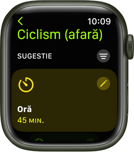 Aplicația Exerciții afișând un ecran pentru editarea unui exercițiu Ciclism (afară). Fereastra Timp este în centru, cu butonul Editați în partea din dreapta sus a ferestrei. Timpul curent este configurat la 45 de minute.