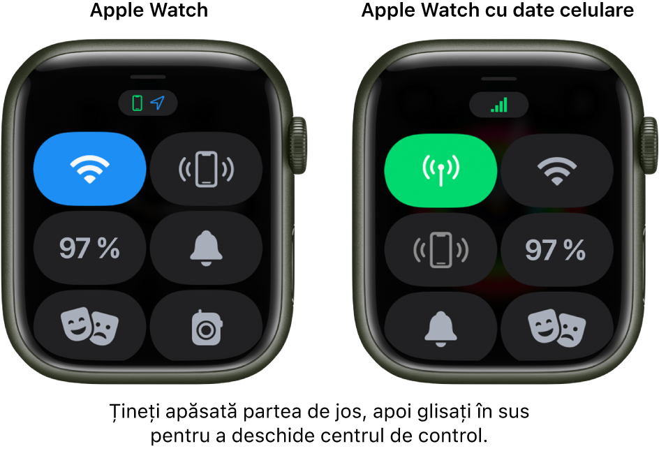Două imagini: Apple Watch fără conexiune celulară la stânga, afișând Centru de control. Butonul Wi-Fi este în partea din stânga sus, butonul Alertați iPhone-ul în partea din dreapta sus, butonul Procent baterie în centru stânga, butonul Mod silențios în centru dreapta, butonul Mod Cinema în stânga jos și butonul Walkie-talkie în dreapta jos. Imaginea din dreapta prezintă Apple Watch-ul cu conexiune celulară. Centrul de control prezintă butonul Conexiune celulară în partea din stânga sus, butonul Wi-Fi în partea din dreapta sus, butonul Alertați iPhone-ul în centru stânga, butonul Procentaj baterie în centru dreapta, butonul Mod silențios în stânga jos și butonul Mod Cinema în dreapta jos.