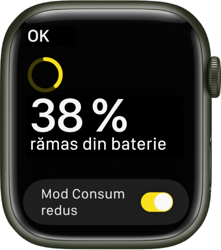 Ecranul modului Consum redus afișează un inel galben parțial indicând nivelul de încărcare rămas, cuvintele “38% rămas din baterie” și butonul Mod Consum redus în partea de jos.