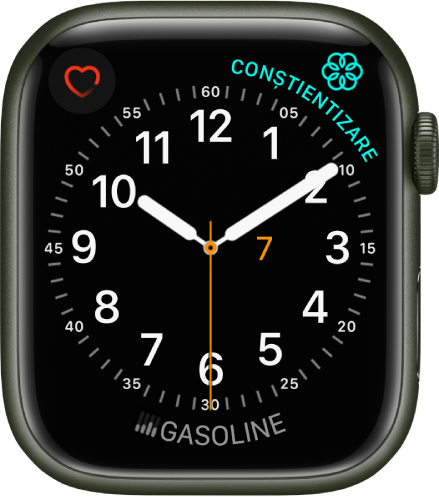 Cadranul de ceas Utilitar, unde puteți să schimbați culoarea secundarului și să ajustați numerotarea și detaliile ceasului. Apar trei complicații: Ritm cardiac în partea stângă sus, Conștientizare în partea dreaptă sus și Muzică în partea de jos.