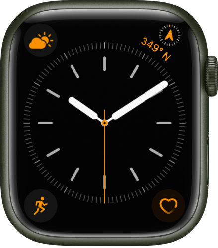 Cadranul de ceas Simplu, unde puteți să schimbați culoarea secundarului și să ajustați numerotarea și detaliile ceasului. Sunt afișate patru complicații: Condiții meteo în stânga sus, Direcție Busolă în dreapta sus, Exerciții în stânga jos și Ritm cardiac în dreapta jos.