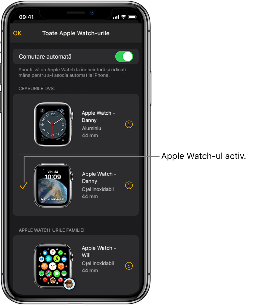 În ecranul Toate Apple Watch-urile al aplicației Apple Watch, o bifă indică Apple Watch‑ul activ.