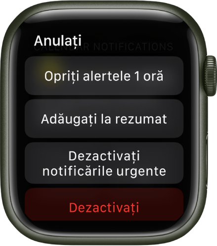 Configurările notificărilor pe Apple Watch. Pe butonul de sus scrie "Opriți alertele 1 oră”. Dedesubt se află butoanele pentru Adăugați la rezumat, Dezactivați notificările urgente și Dezactivați.