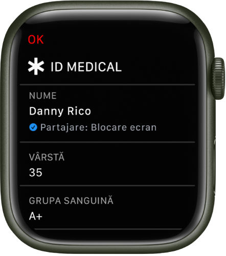 Ecranul ID Medical de pe Apple Watch afișând numele de utilizator, vârsta și grupa sanguină. Sub nume se află o bifă care arată că ID‑ul medical este partajat pe ecranul de blocare. Un buton OK este în colțul din stânga sus.
