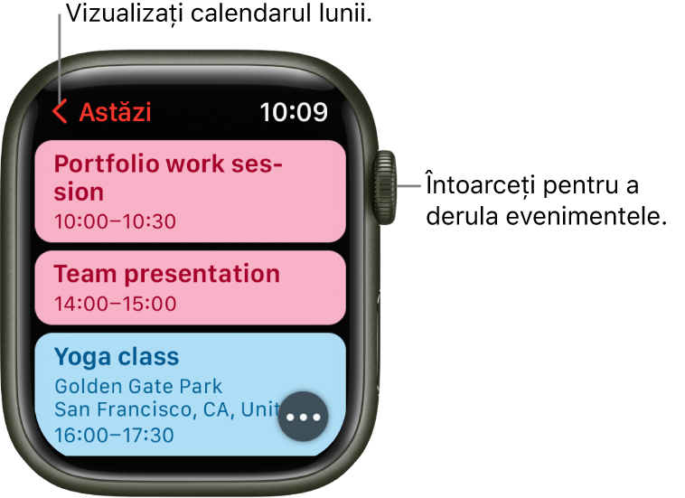Ecranul Calendar prezentând o listă de evenimente ale zilei.