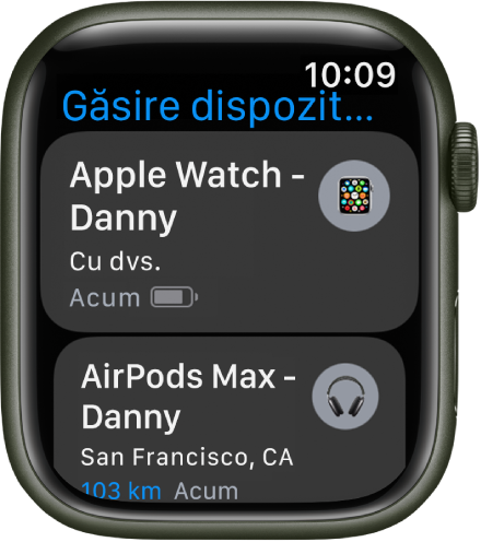 Aplicația Găsire dispozitive afișând două dispozitive: un Apple Watch și AirPods.
