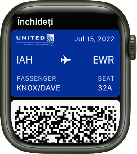 Un bilet de avion este afișat în aplicația Portofel. Informațiile despre zbor se află în partea de sus, iar un cod de bare este în partea de jos.