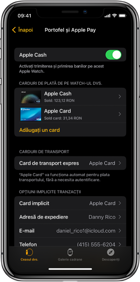 Ecranul Portofel și Apple Pay în aplicația Apple Watch de pe iPhone. Ecranul prezintă cardurile adăugate la Apple Watch, cardul pe care l-ați ales pentru a fi utilizat pentru transport expres și configurările implicite pentru tranzacție.