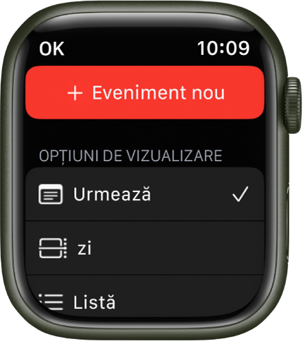 Aplicația Calendar afișând butonul Eveniment nou în partea de sus și trei opțiuni de vizualizare dedesubt: Urmează, Zi și Listă.