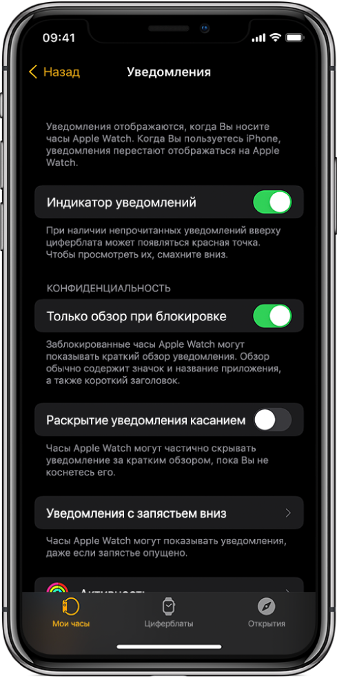 Экран «Уведомления» в приложении Apple Watch на iPhone, с приложениями, которые отправили уведомления.