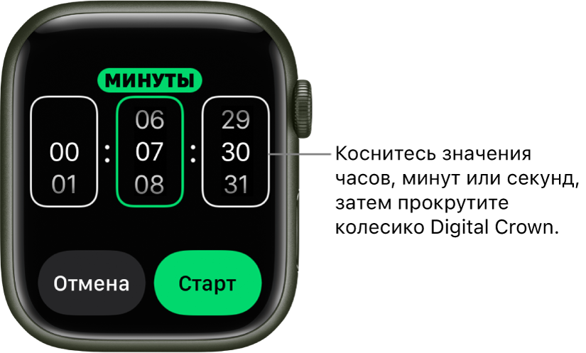 Настройки при создании таймера: слева указаны часы, посредине — минуты, справа — секунды. Кнопки «Начать» и «Отменить» — ниже.