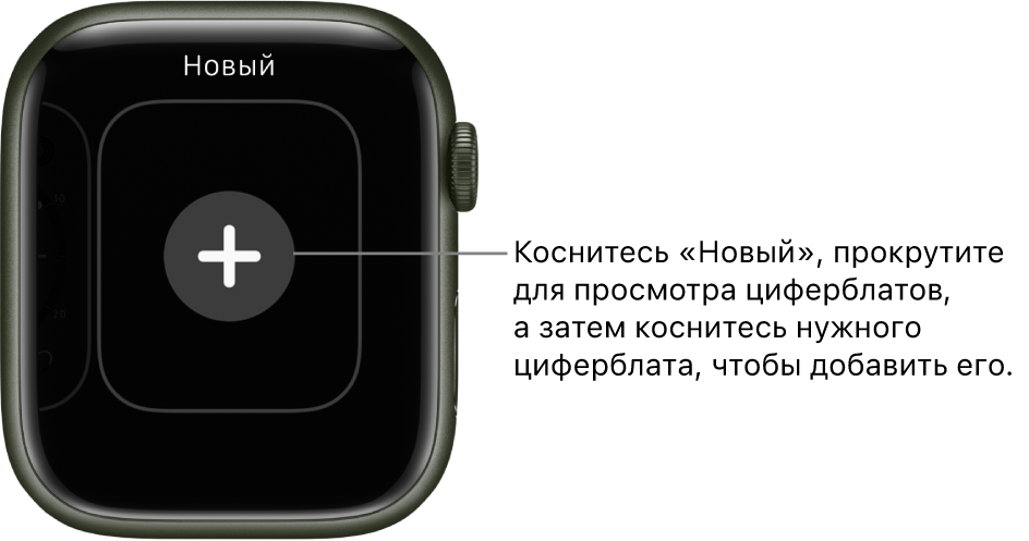 Экран нового циферблата. В центре отображается кнопка «+». Коснитесь, чтобы добавить новый циферблат.