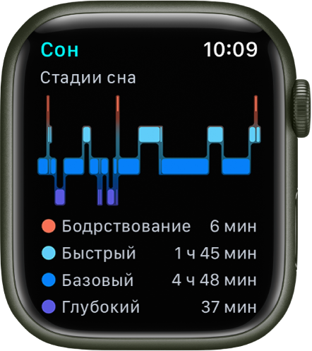 Приложение «Сон». Показано, сколько времени Вы бодрствуете и сколько времени проводите в фазе быстрого сна, базового сна или глубокого сна.