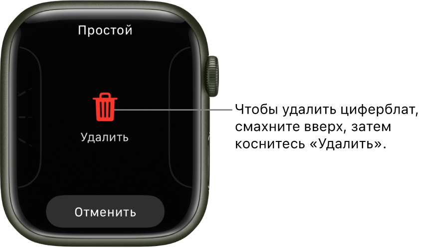 Экран Apple Watch с кнопками «Удалить» и «Отменить»: они отображаются, когда Вы смахиваете к циферблату, а затем смахиваете вверх для его удаления.