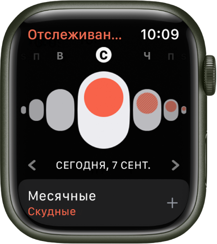 На Apple Watch показан экран Дневника цикла.