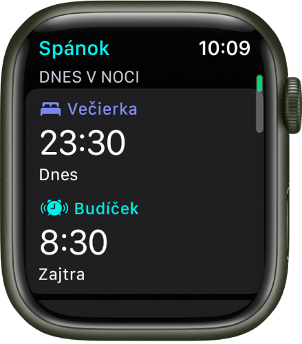 Apka Spánok na hodinkách Apple Watch zobrazujúca večerný rozvrh spánku. Na vrchu je zobrazená Večierka a na spodku je čas budíčka.